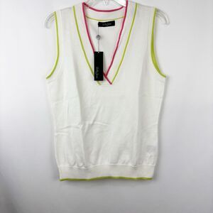 Women Bobby Jones White Knit Sweater Vest with Hot Pink and Lime Green trim - M